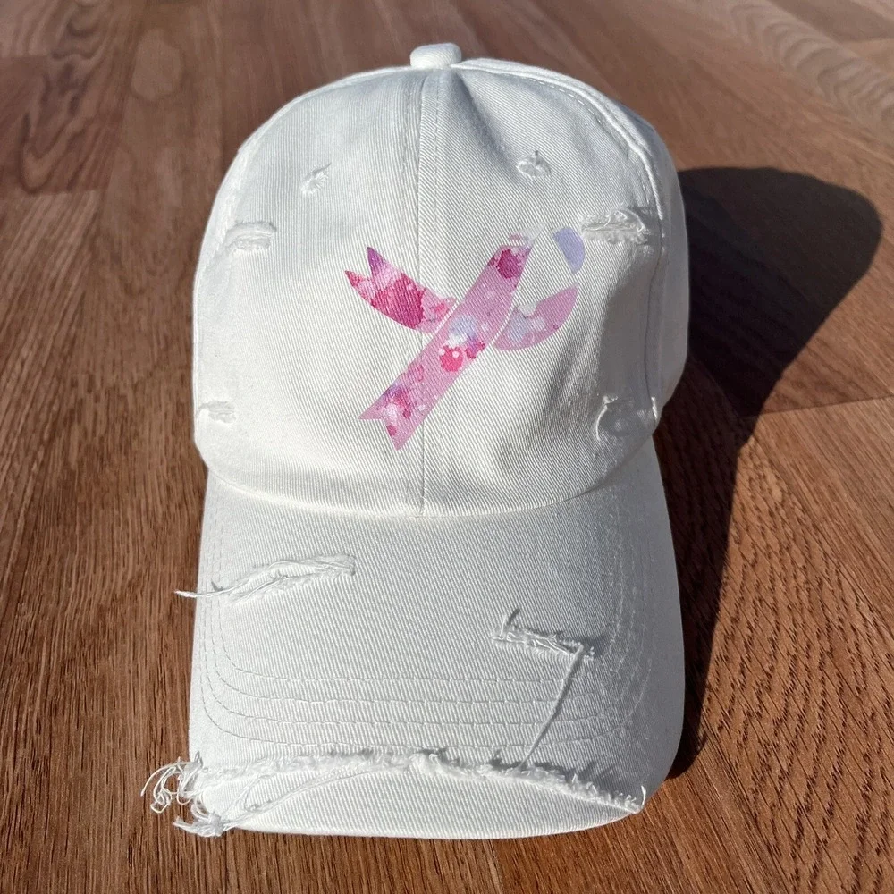 Breast Cancer Awareness Women's Hat Cap White Distressed‎ Adjustable NEW